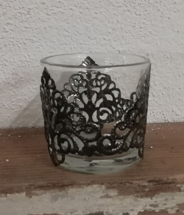 Teelichtglas 5 cm versilbert mit Metallverzierung